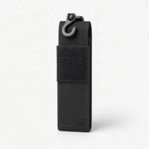 Black hook-and-loop belt keeper with a clip hook at the top