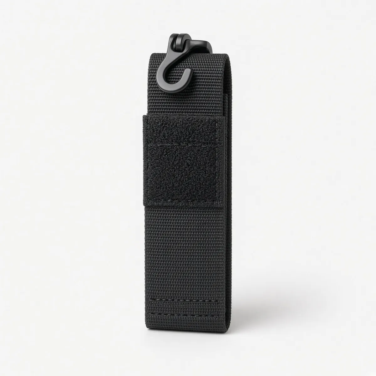 Black hook-and-loop belt keeper with a clip hook at the top
