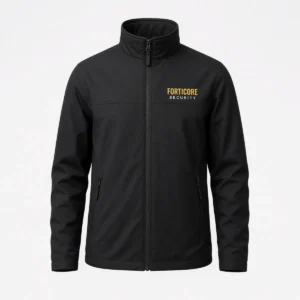 Black softshell jacket embroidered with a company logo and SECURITY lettering