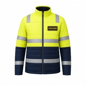 Two-tone yellow and navy quilted hi-vis jacket with reflective tape and a printed FORTICORE chest logo