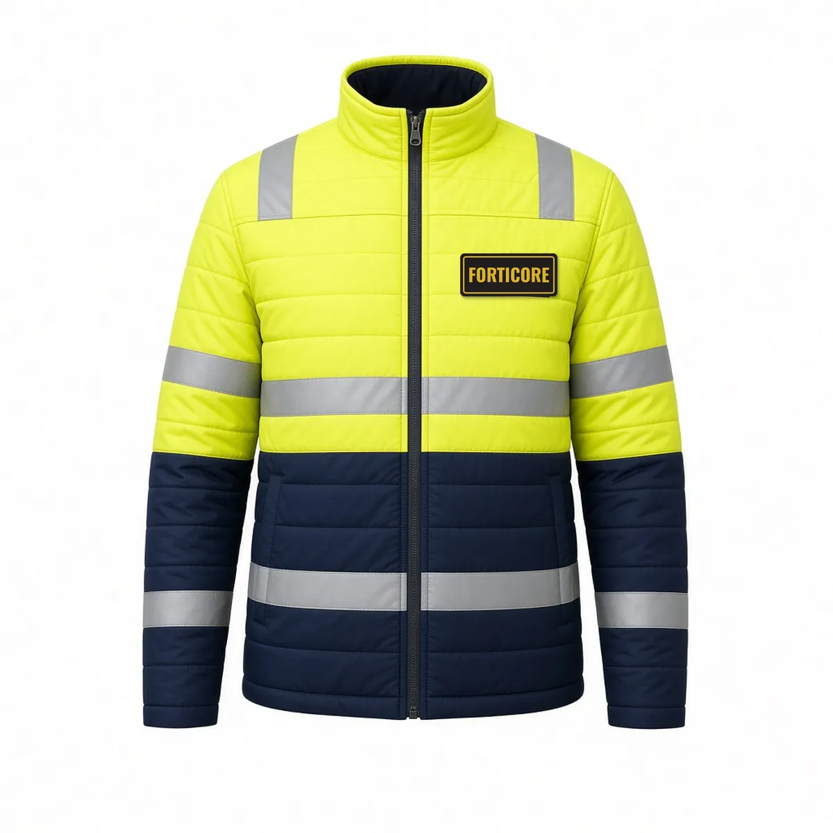Two-tone yellow and navy quilted hi-vis jacket with reflective tape and a printed FORTICORE chest logo