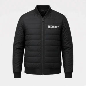 Black JB's Wear quilted SECURITY flying jacket, front view with SECURITY chest print