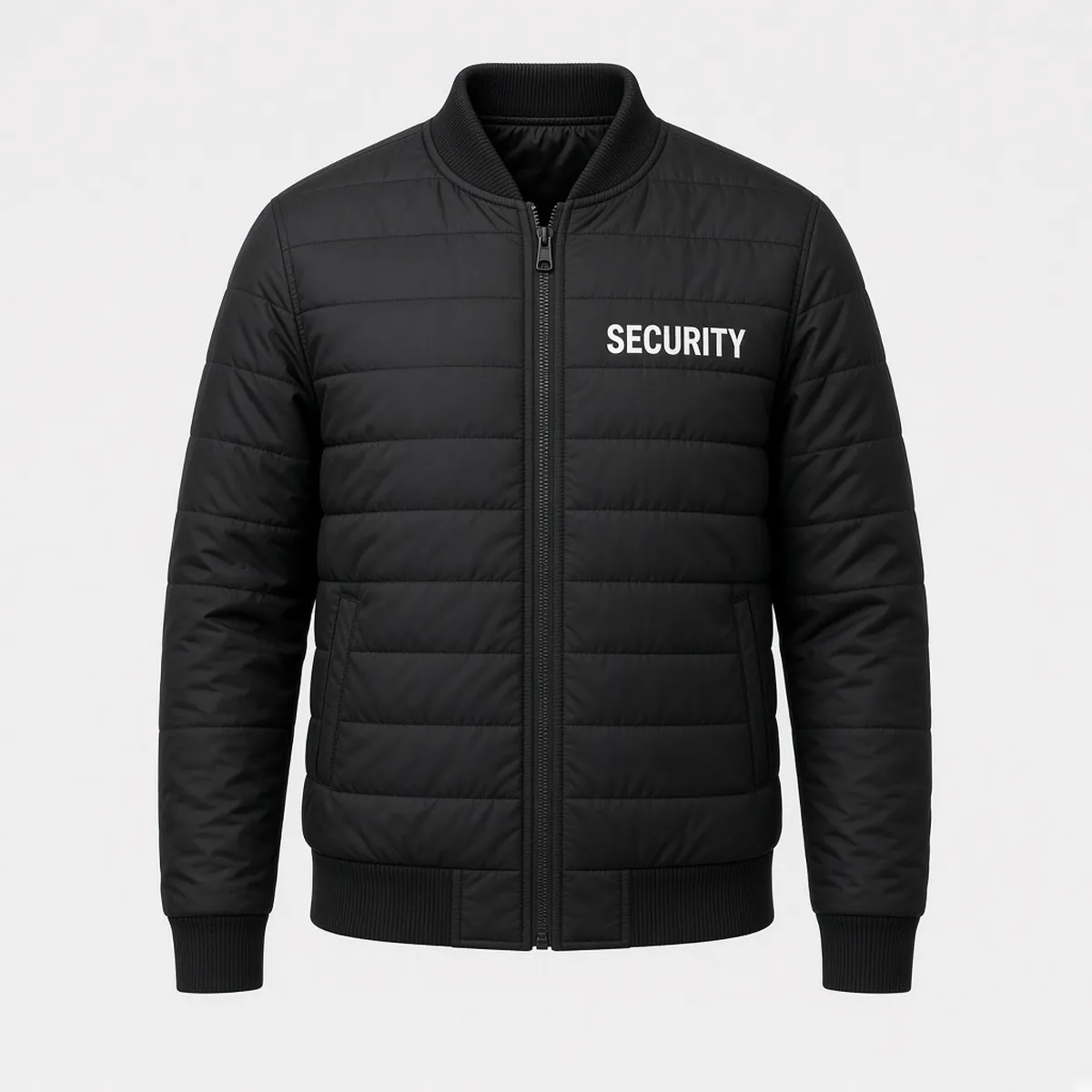 Black JB's Wear quilted SECURITY flying jacket, front view with SECURITY chest print