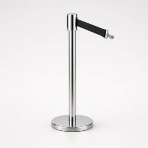 Chrome retractable belt queue barrier post with black belt