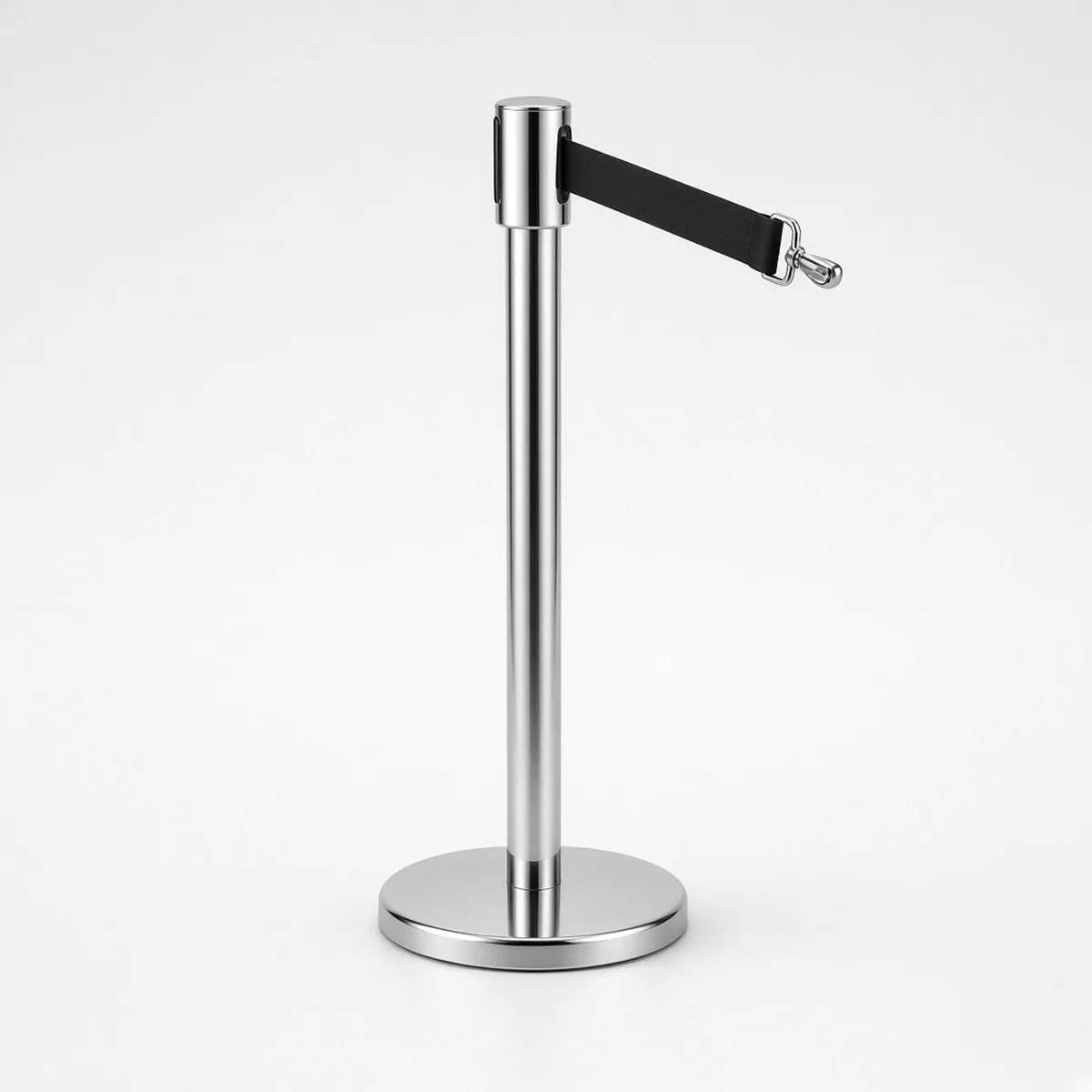 Chrome retractable belt queue barrier post with black belt