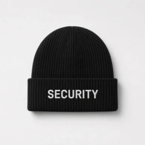 Black acrylic beanie with embroidered SECURITY lettering