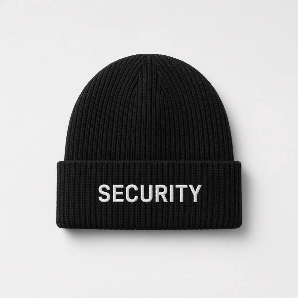 Black acrylic beanie with embroidered SECURITY lettering
