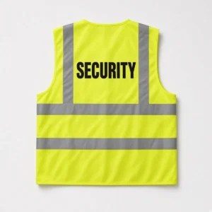 Yellow hi-vis day/night vest with reflective tape and black SECURITY print